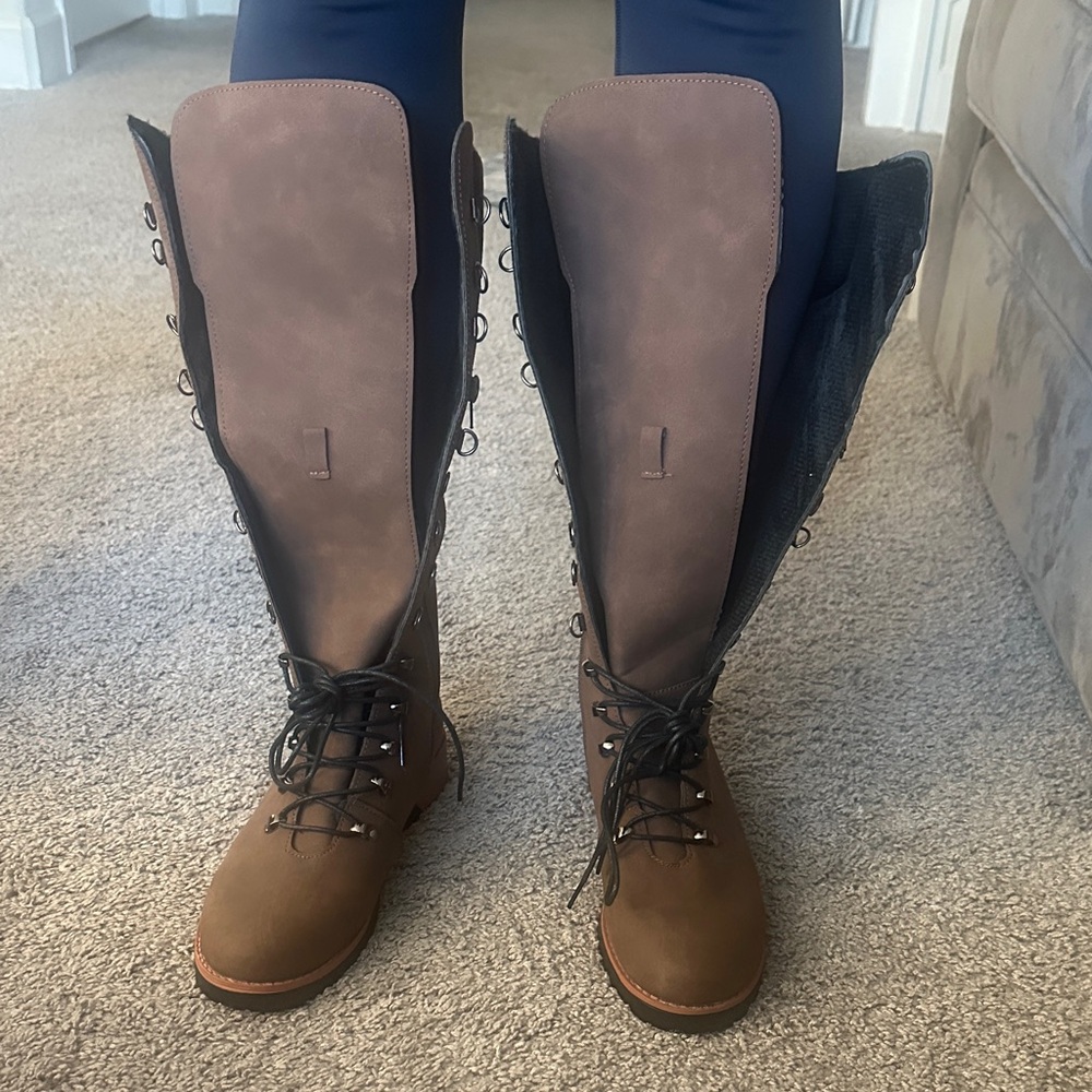Brown Lace-Up Knee-High Boots NEW